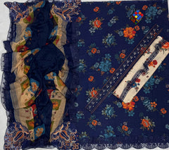 Luxury Navy Blue Flowers Embroidered Lawn 3PCS Suit