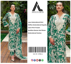 Luxury Leaf Green Embroidered Lawn 3PCS Suit