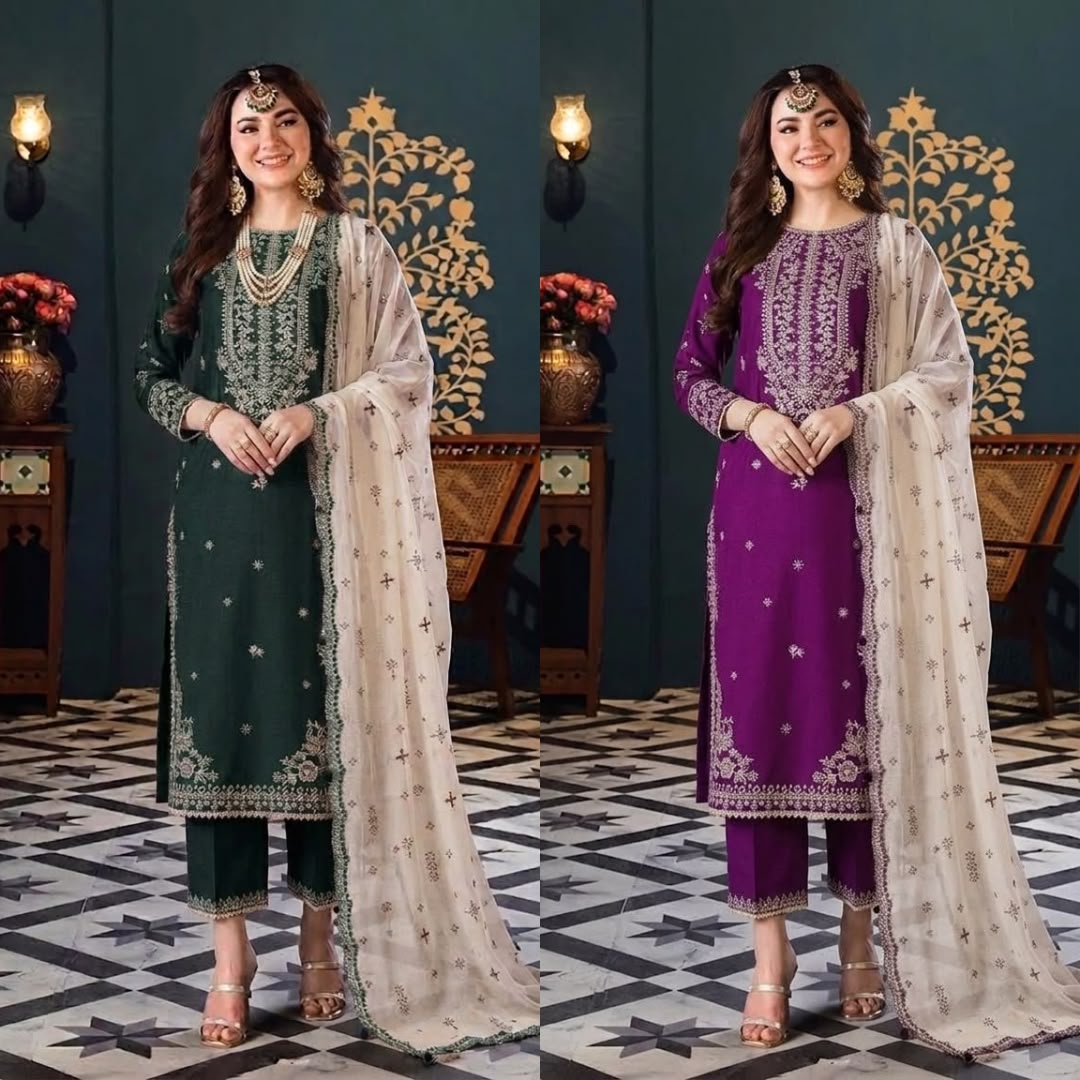 Luxury Pink & Green Embroidered  3PCS Suit
