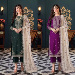 Luxury Pink & Green Embroidered  3PCS Suit