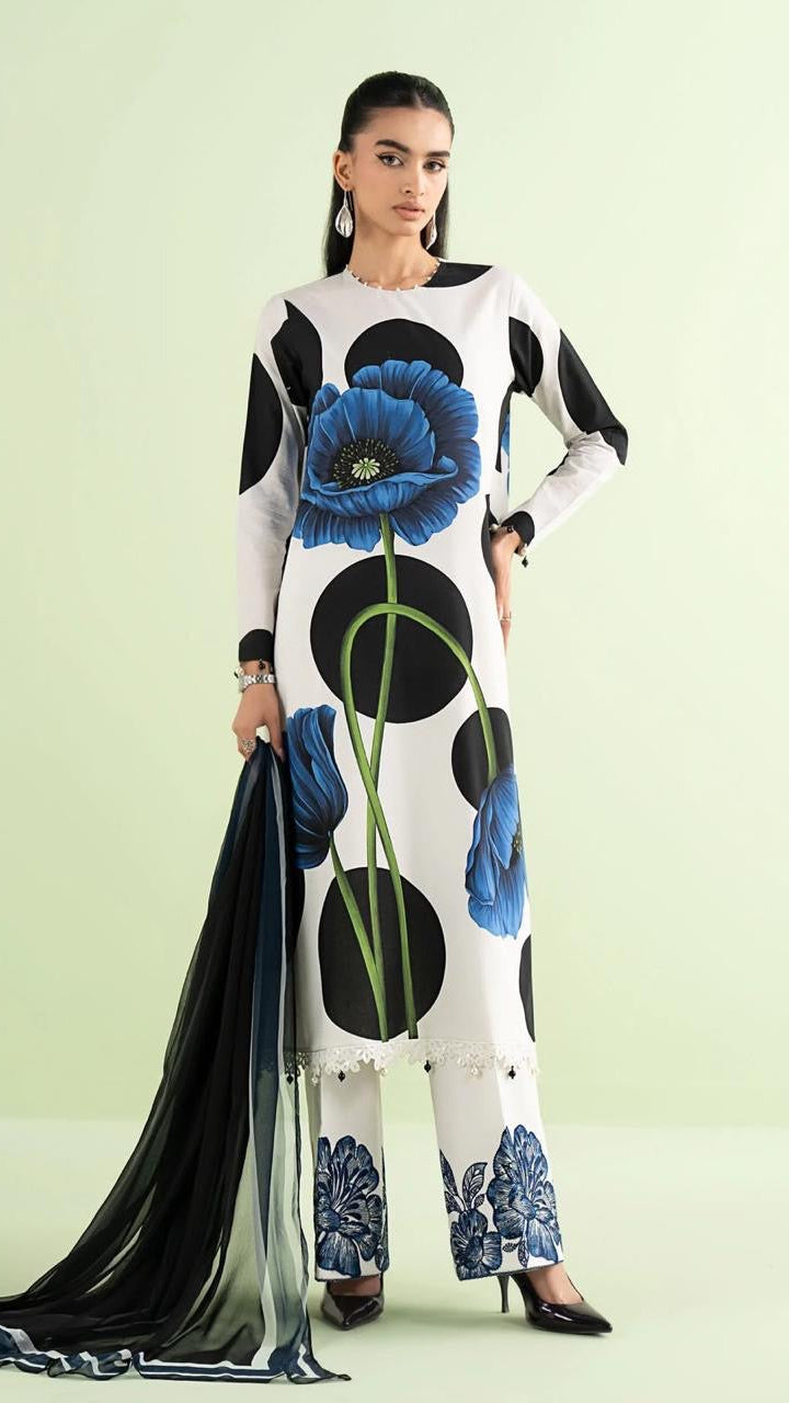 Luxury White Multi Dots  Embroidered Lawn 3PCS Suit