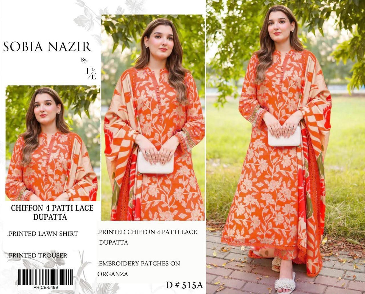 Luxury Rich Orange Embroidered Lawn 3PCS Suit