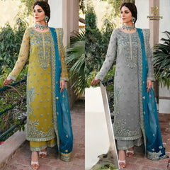 Luxury Silver & Yellow Green Embroided 3pcs suit