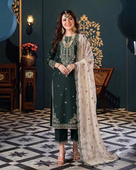 Luxury Pink & Green Embroidered  3PCS Suit