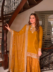 Luxury Rich yellow  Embroided Suits 3PCS Gharara