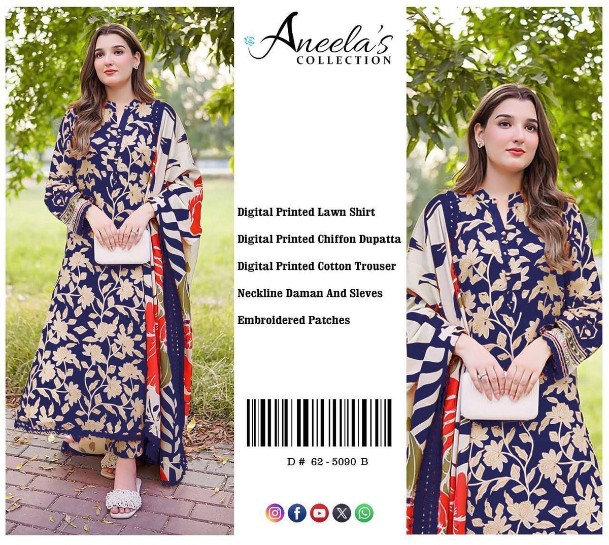 Luxury Blue & Biege Embroidered Lawn 3PCS Suit