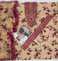 Luxury Biege & Maroon Embroidered Lawn 3PCS Suit