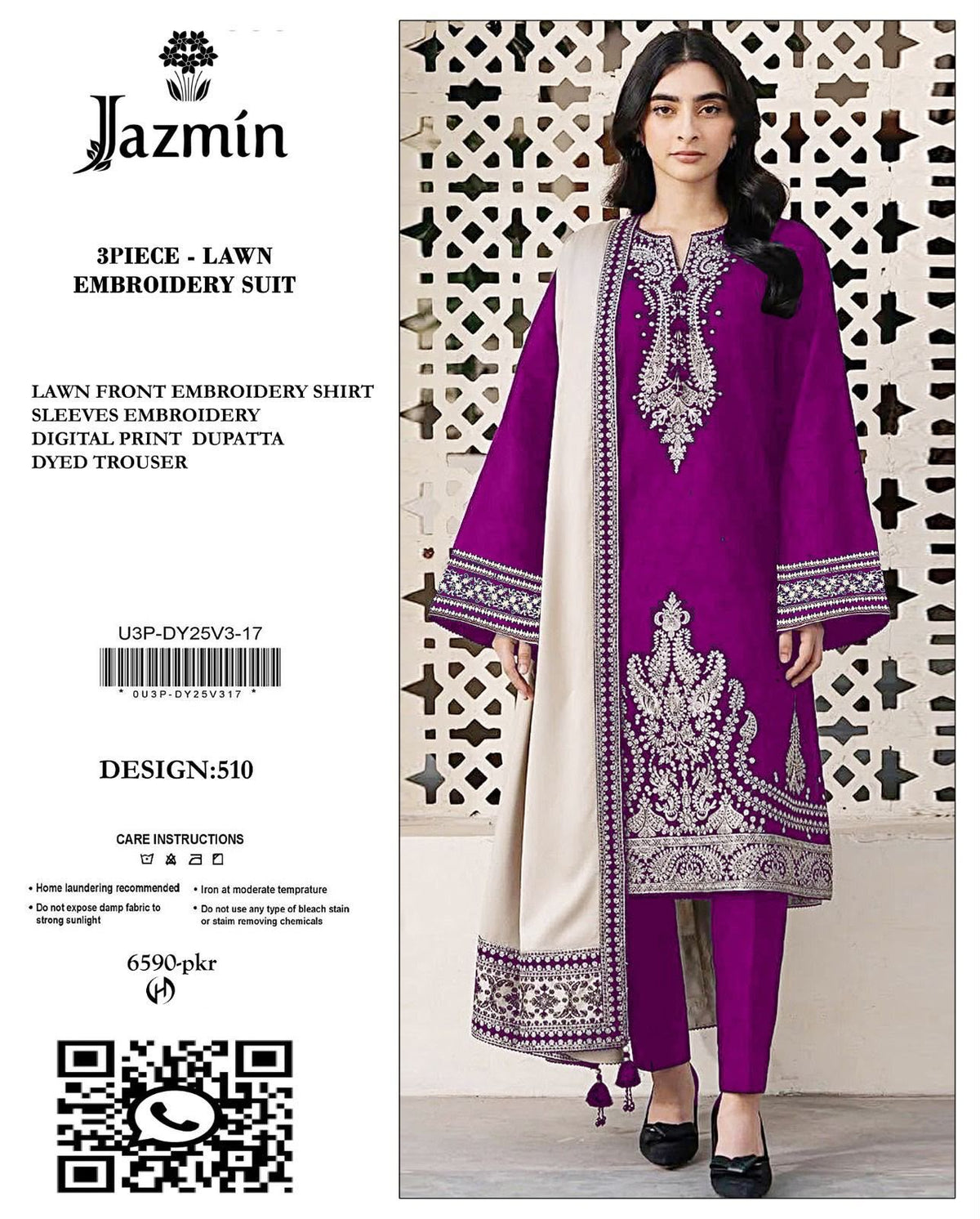 Embroidered Pink & White Lawn 3PCS Suit