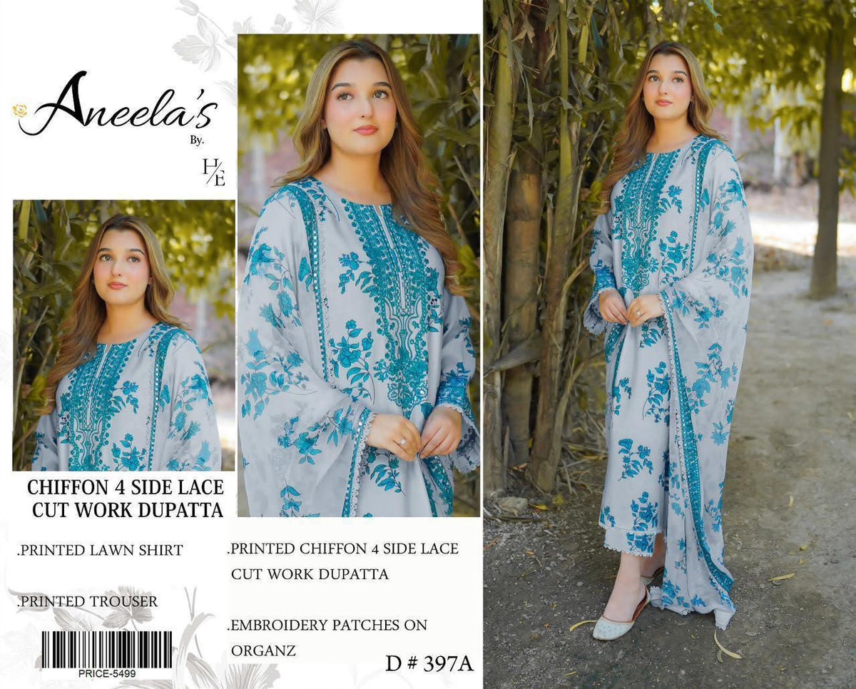 Luxury Floral Blue Embroidered Lawn 3PCS Suit