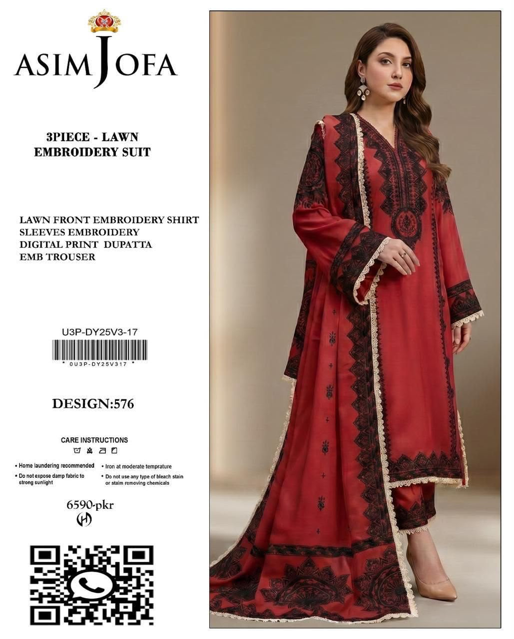 Embroidered Red & Black  Lawn 3PCS Suit