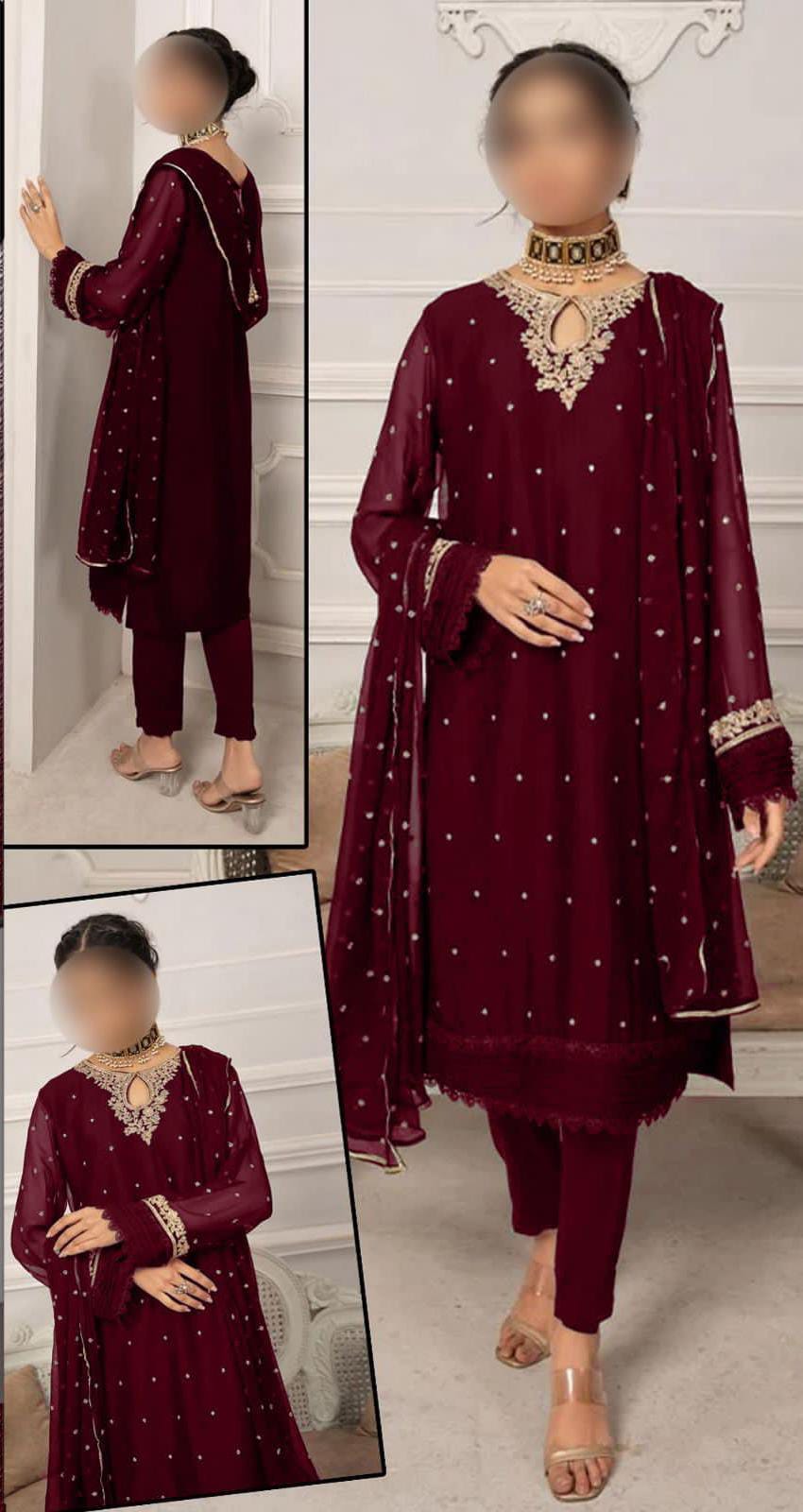Luxury Mehroon  embroided 3 Pcs suit