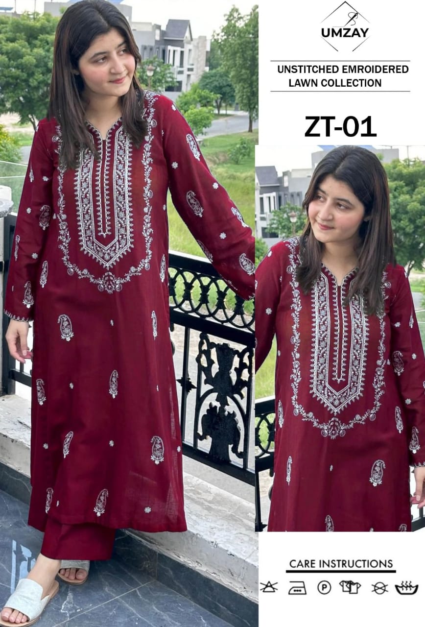 Embroidered Dark Maroon  Lawn 2PCS Suit