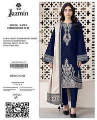Embroidered Biege & Blue Lawn 3PCS Suit
