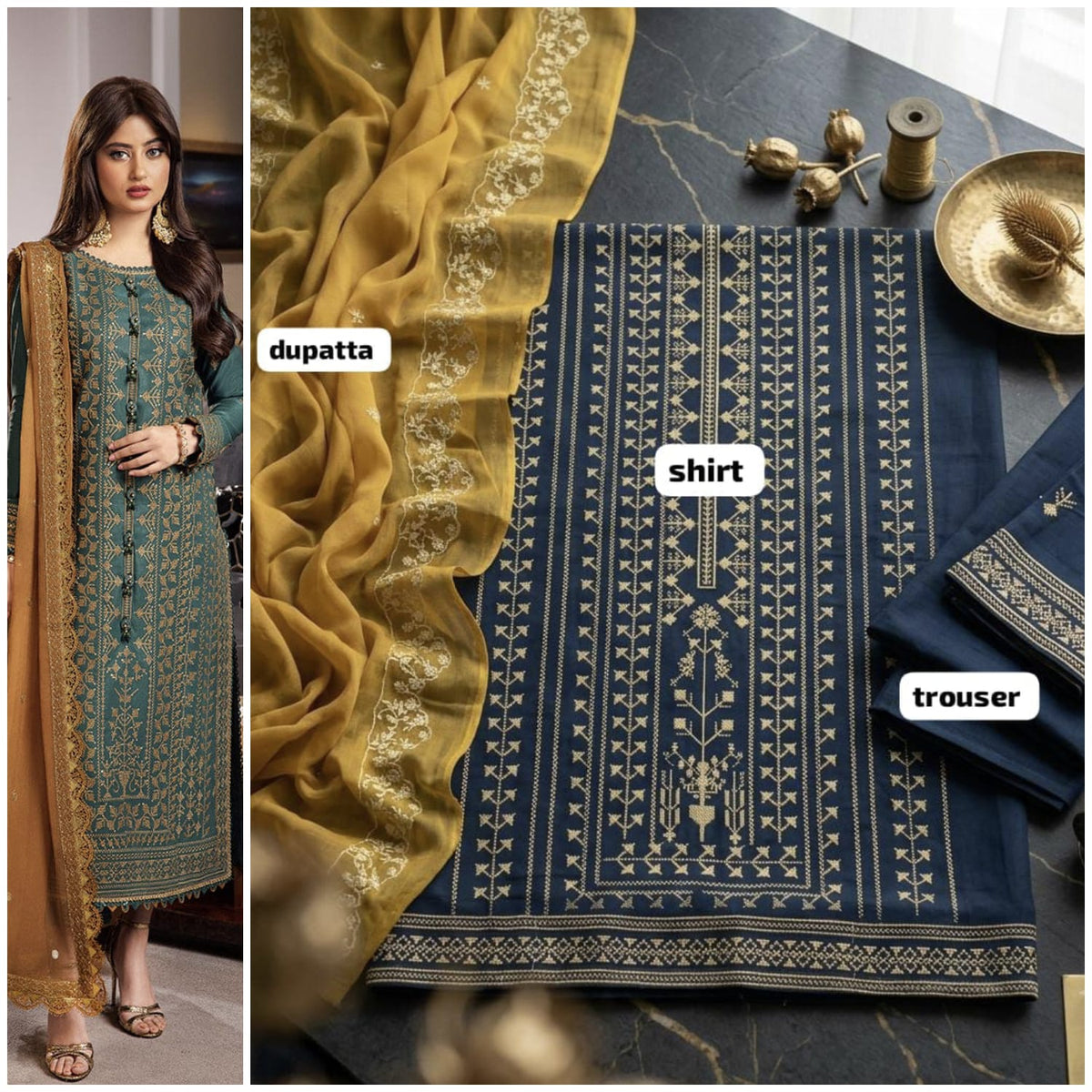 Embroidered Blue Dotted Lawn 3PCS Suit