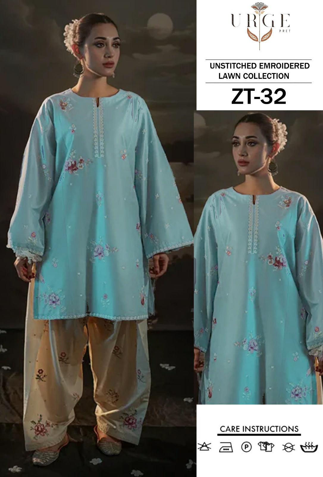 Embroidered Sky Blue Lawn 2PCS Suit