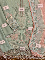 Luxury Pink & light Green Embroided 3pcs suit