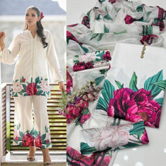 White pink flowers Design Printed Suits  3PCS