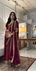 Premium Black & Maroon   Embroidered  3PCS Suit
