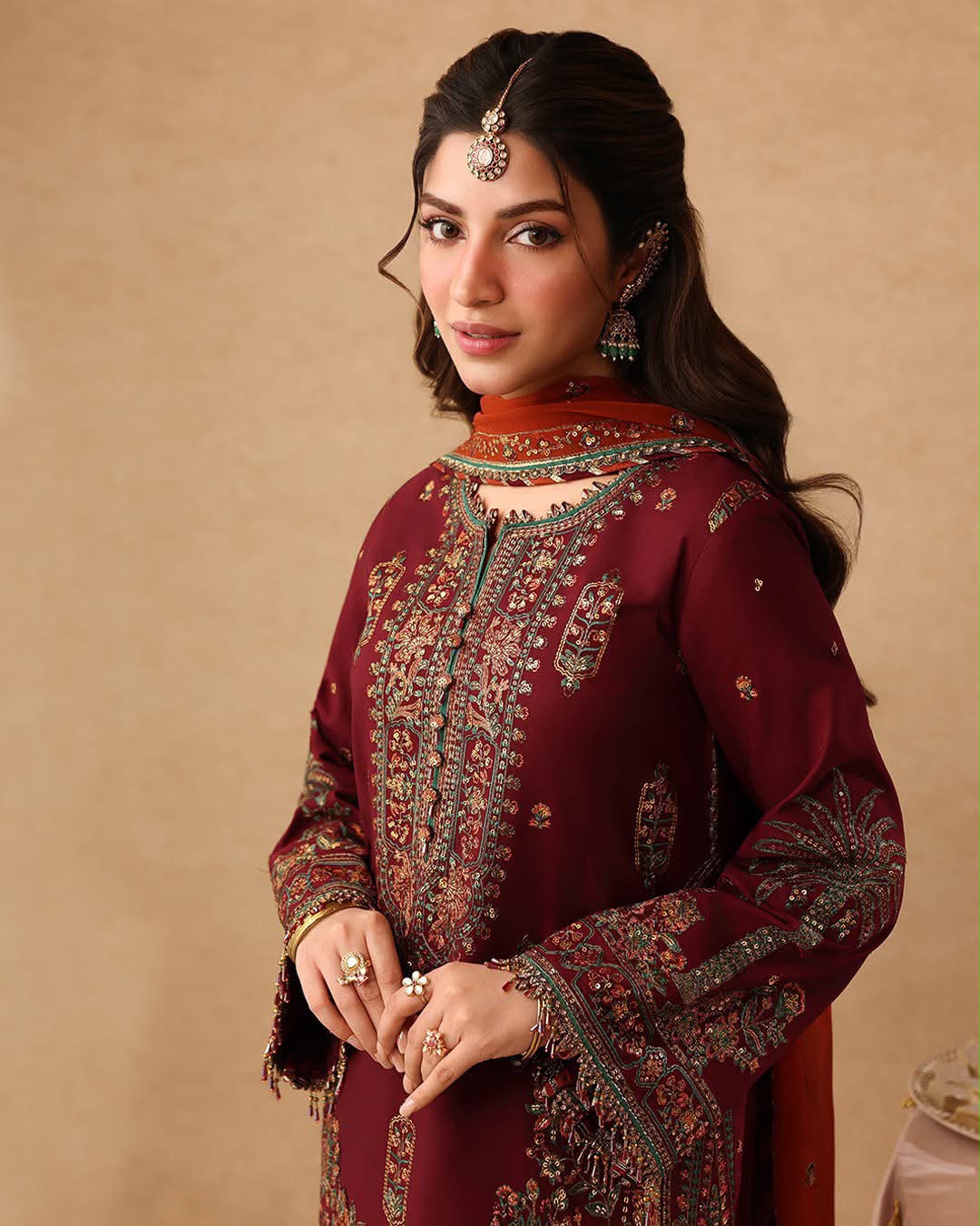 Premium Red & Orange Embroidered 3PCS Suit