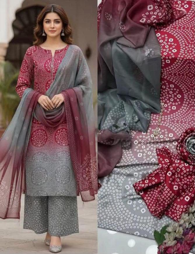 EMBROIDED Maroon & Grey Printed Suits  3PCS