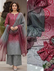 EMBROIDED Maroon & Grey Printed Suits  3PCS