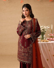 Premium Red & Orange Embroidered 3PCS Suit