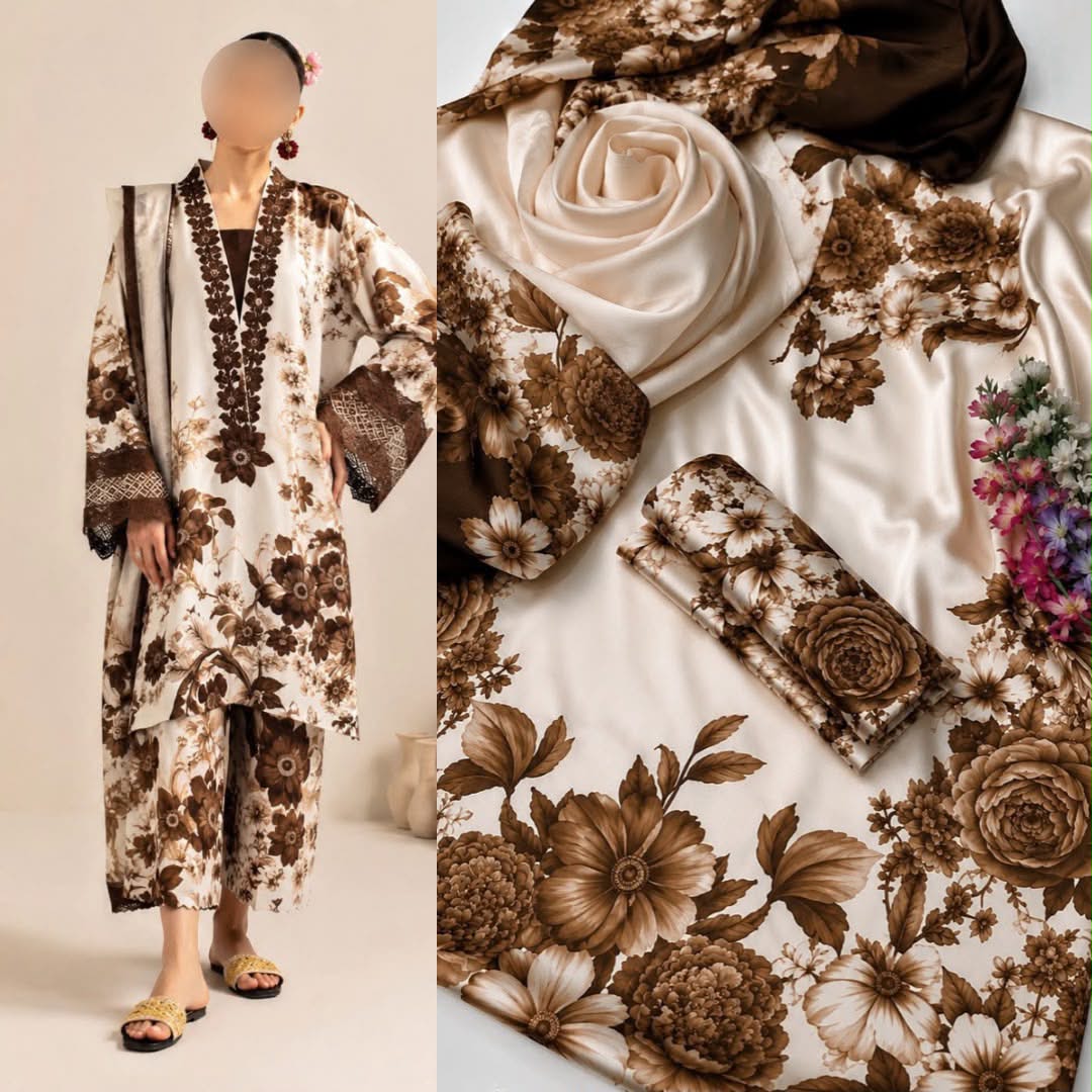 White & Brown Design Printed Suits  3PCS