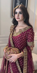 Premium Black & Maroon   Embroidered  3PCS Suit