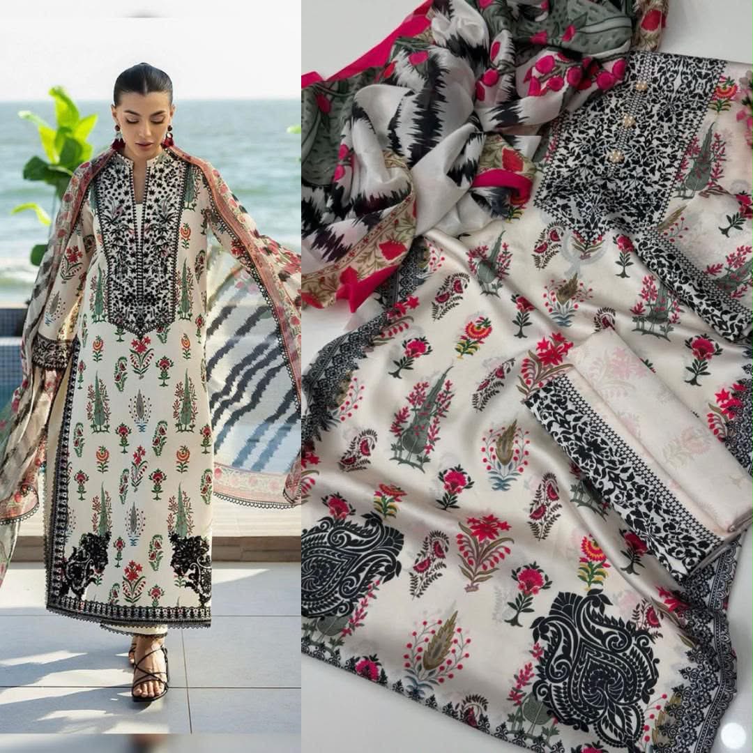 White Black Design Printed Suits  3PCS