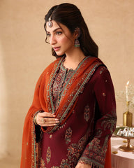 Premium Red & Orange Embroidered 3PCS Suit