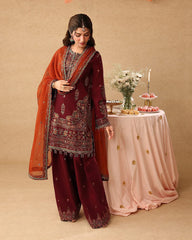 Premium Red & Orange Embroidered 3PCS Suit