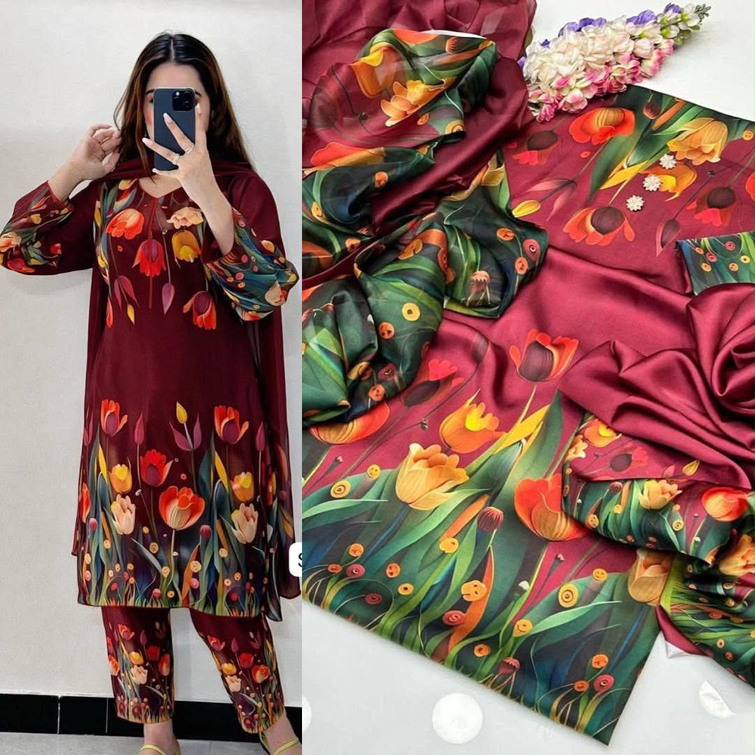 Maroon Multi Flower Design Printed Suits  3PCS