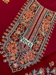 Premium Red & Orange Embroidered 3PCS Suit