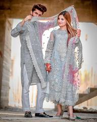 Premium Silver Embroidered  3PCS Suit