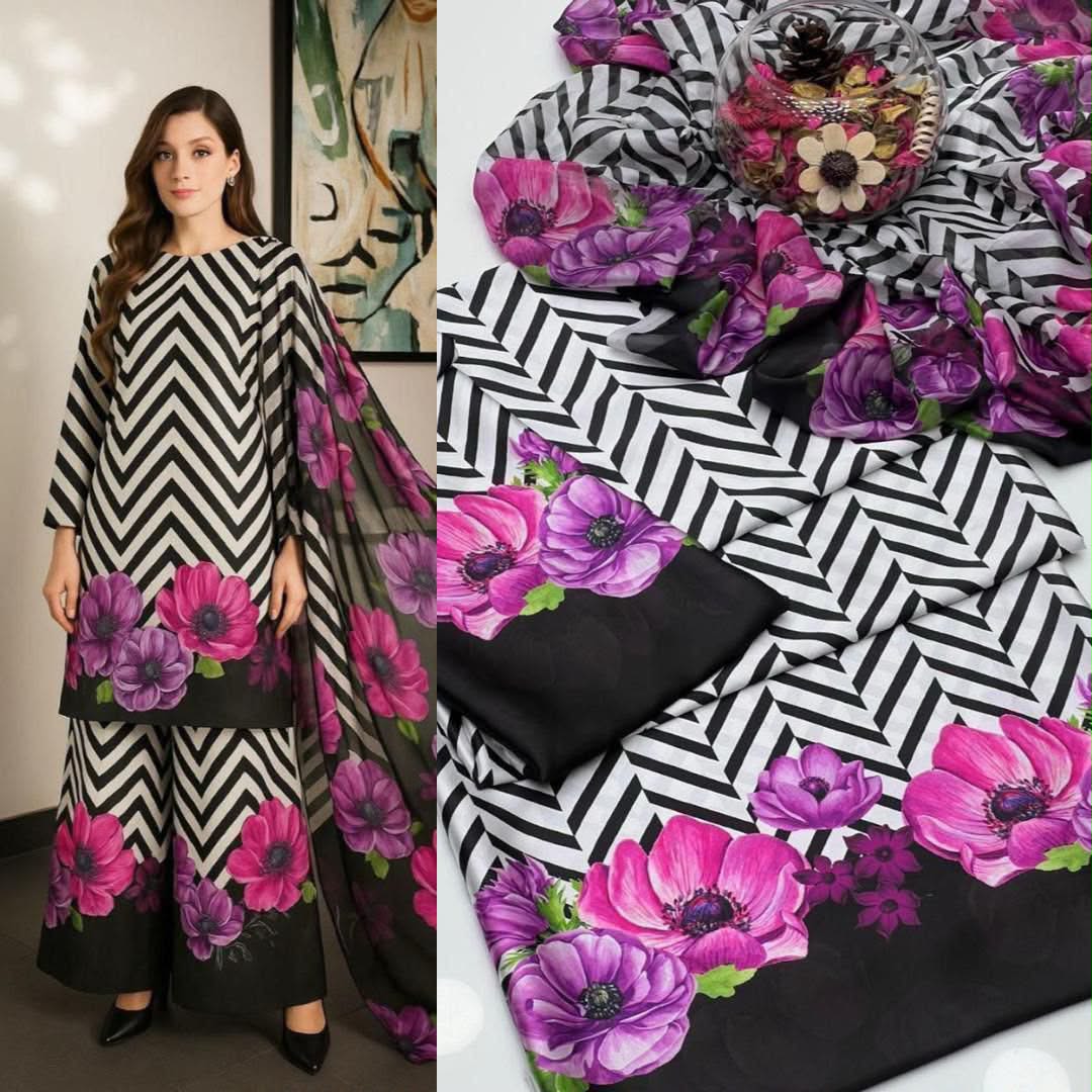 Purple & Black Printed Suits  3PCS