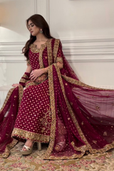 Premium Black & Maroon   Embroidered  3PCS Suit
