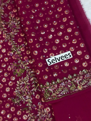 Premium Black & Maroon   Embroidered  3PCS Suit
