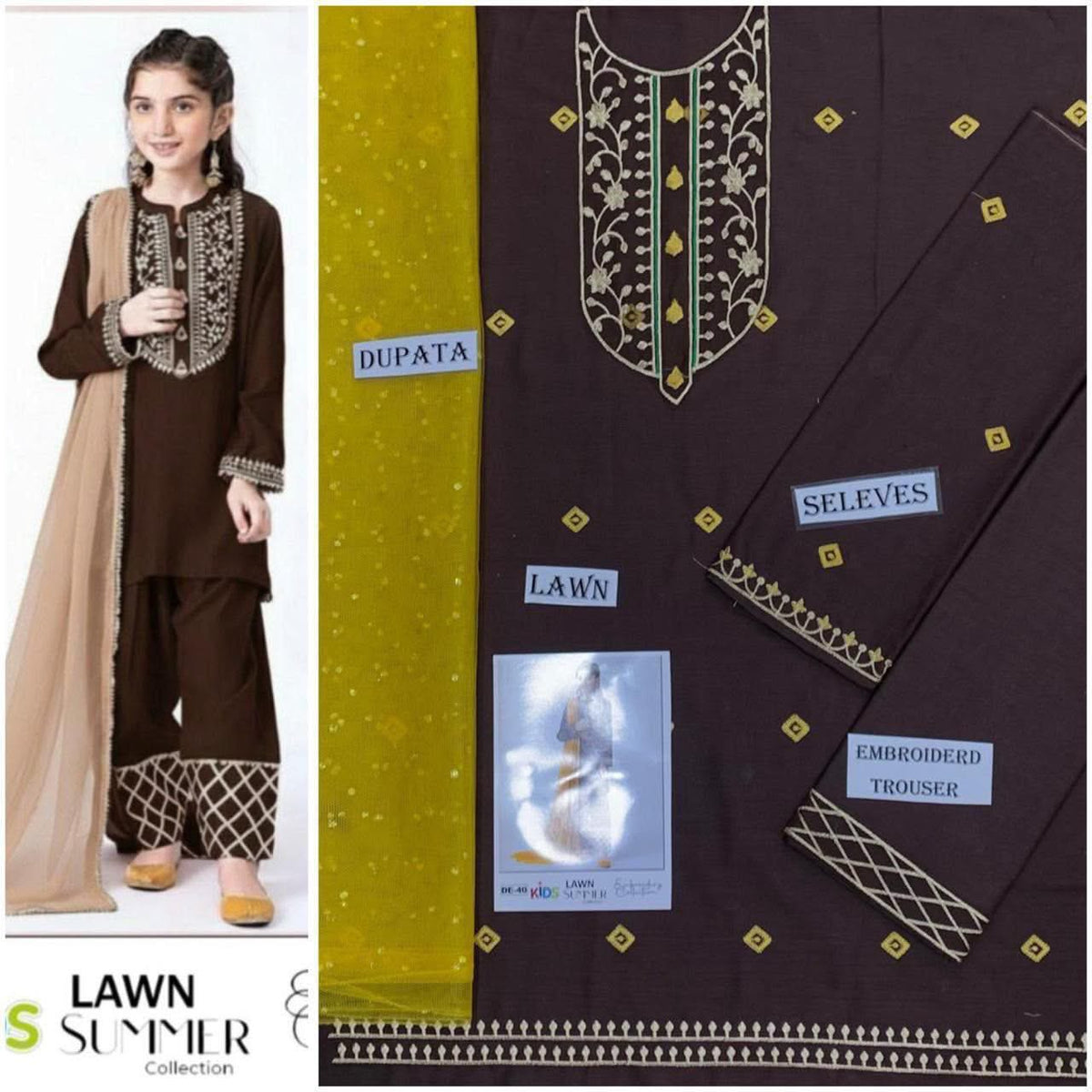 Dark Brown Lawn Kids  – 3 Piece Suit