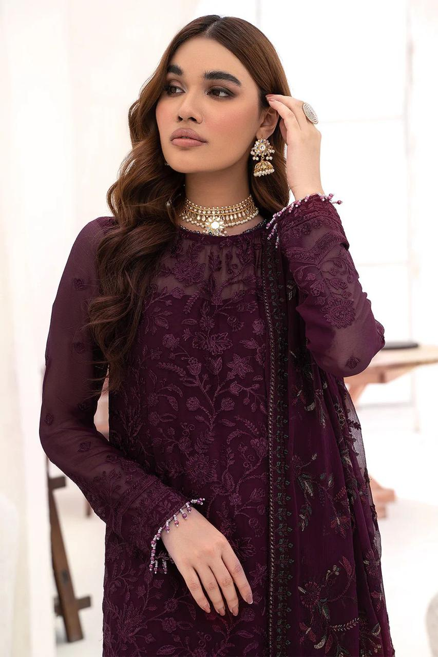 Premium Dark Purple Embroidered  3PCS Suit