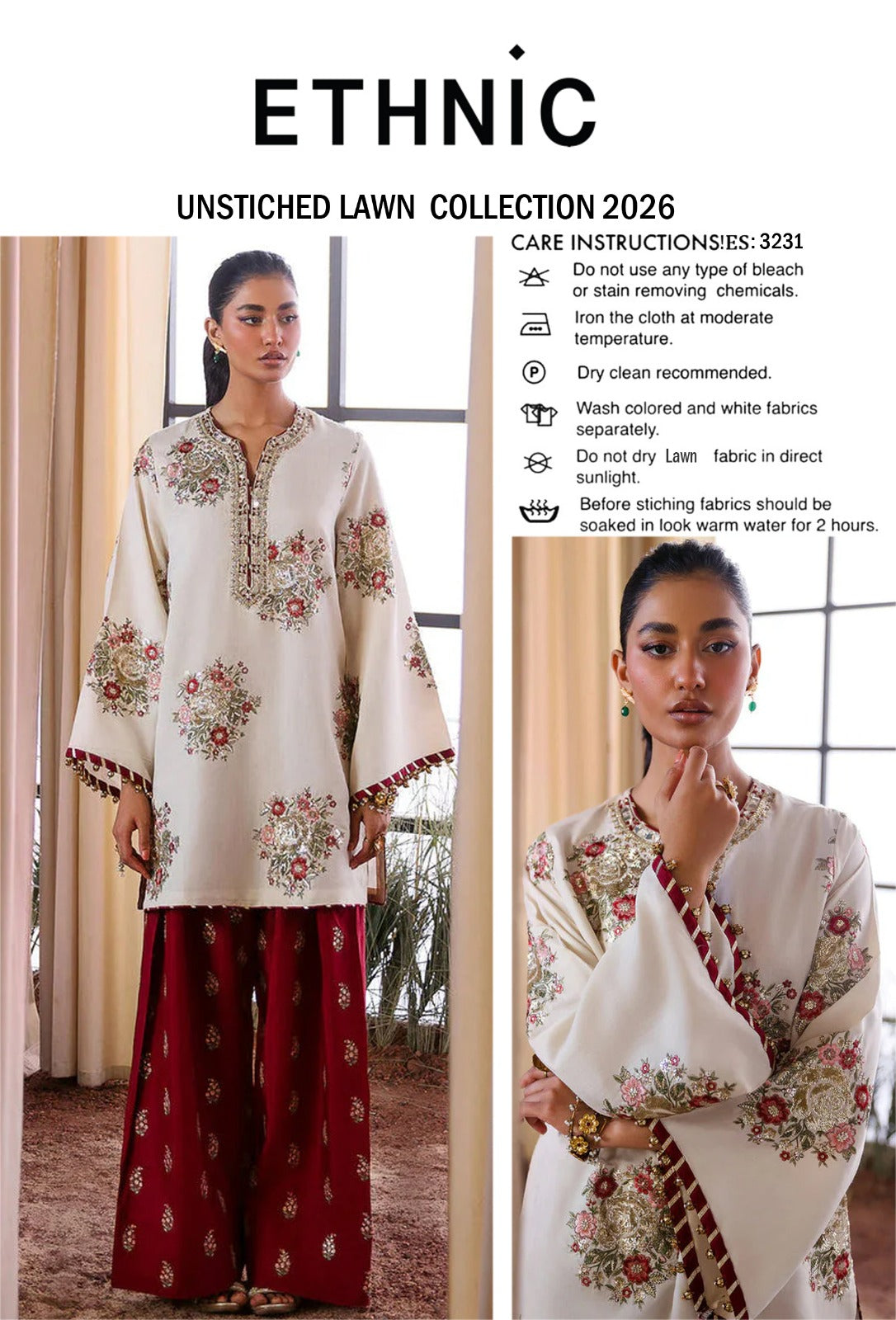 Embroidered Cream & Mehroon Lawn 2PCS Suit