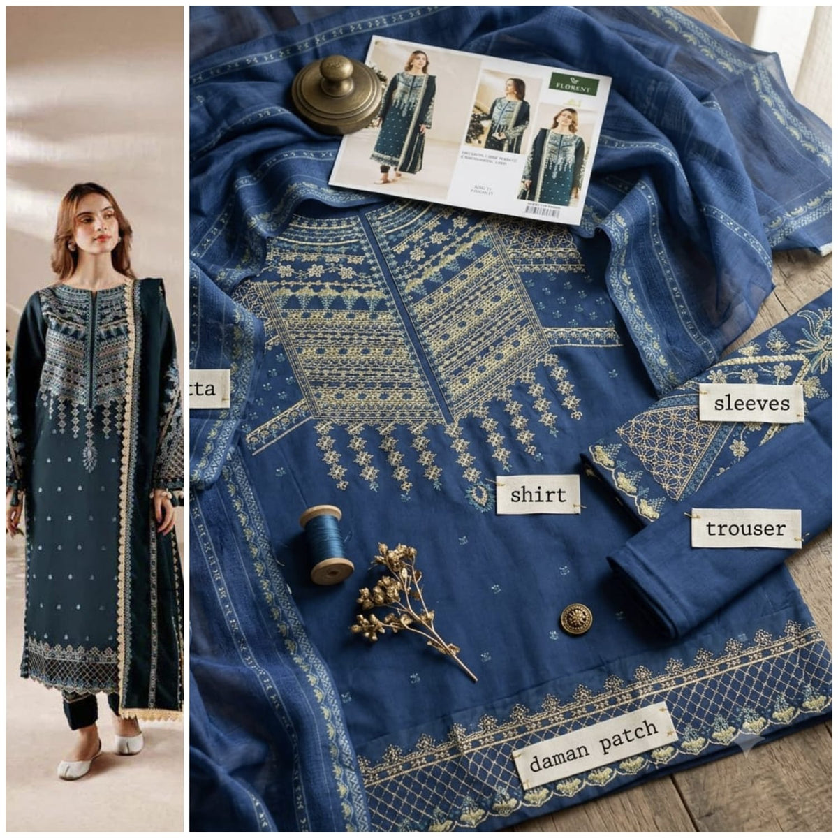 Embroidered Blue Lawn 3PCS Suit