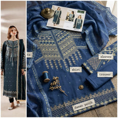 Embroidered Blue Lawn 3PCS Suit