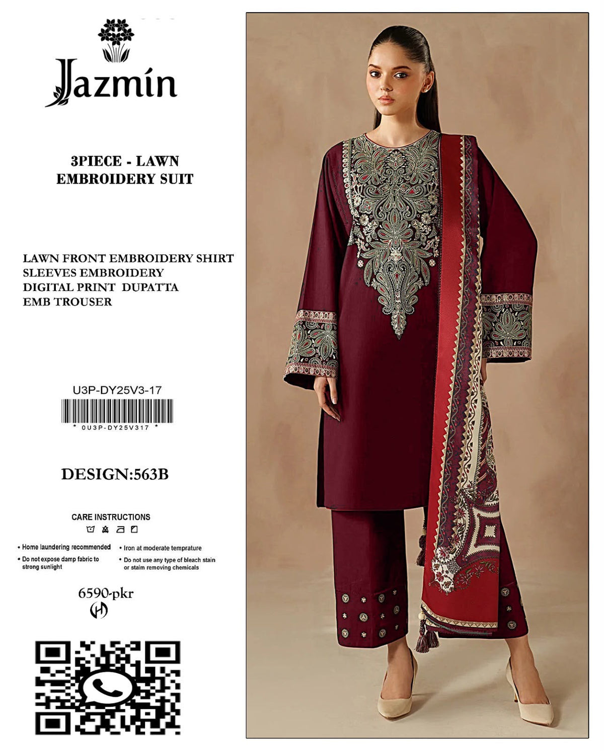 Embroidered Maroon White Lawn 3PCS Suit