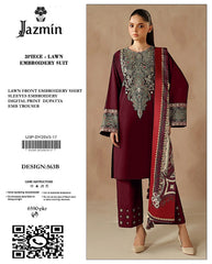 Embroidered Maroon White Lawn 3PCS Suit
