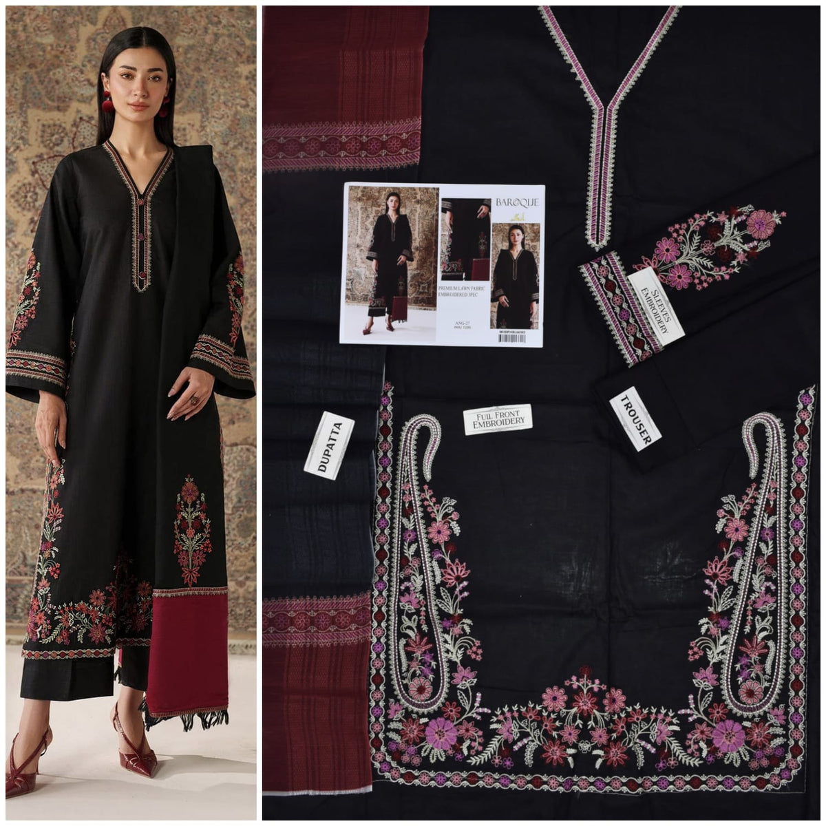 Embroidered Black  Lawn 3PCS Suit