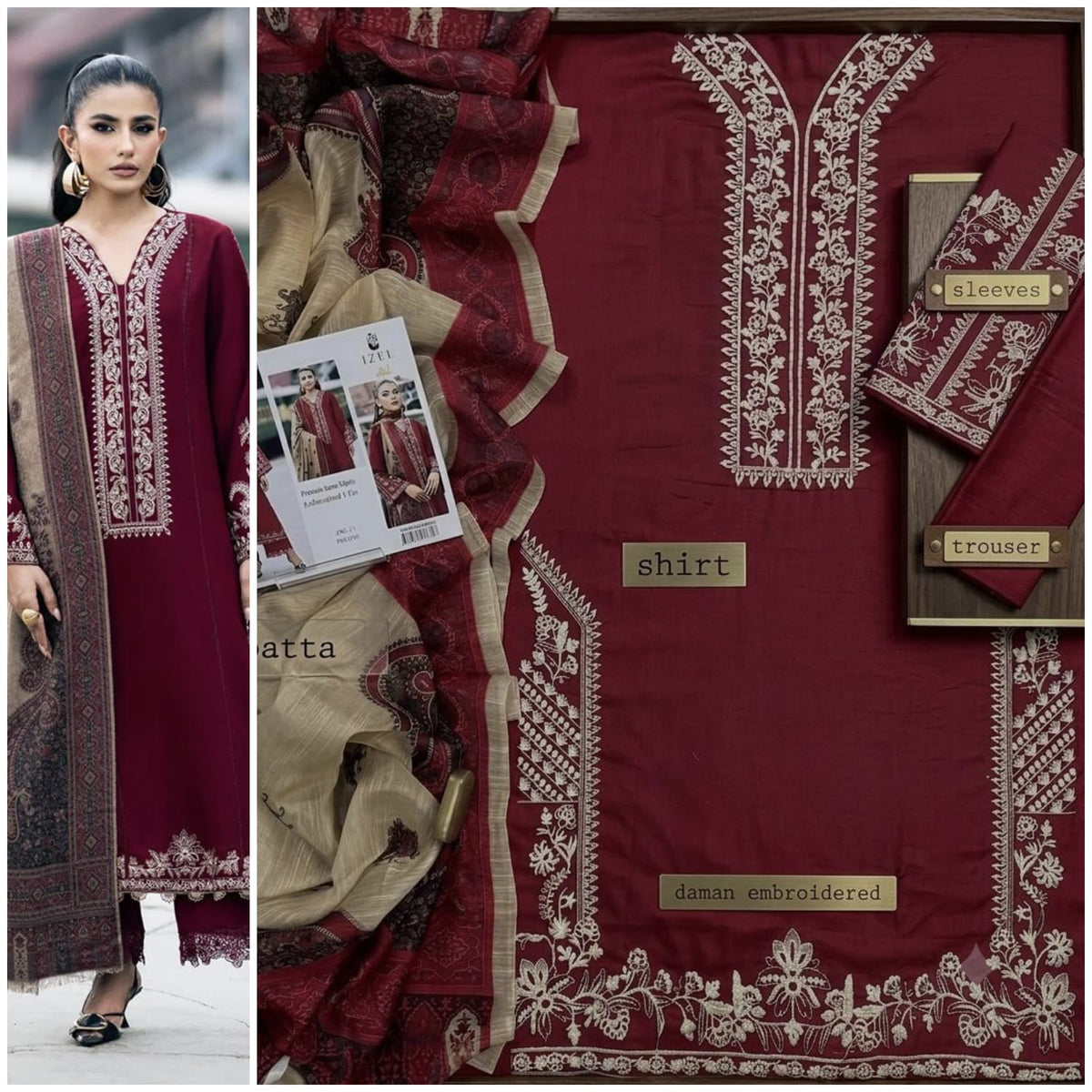 Embroidered Maroon Lawn 3PCS Suit