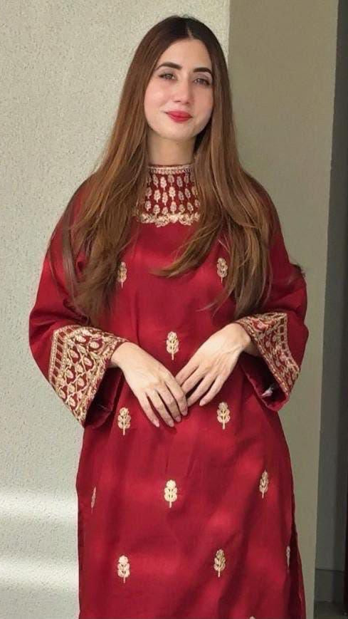 Embroidered Rich Red Lawn 2PCS Suit
