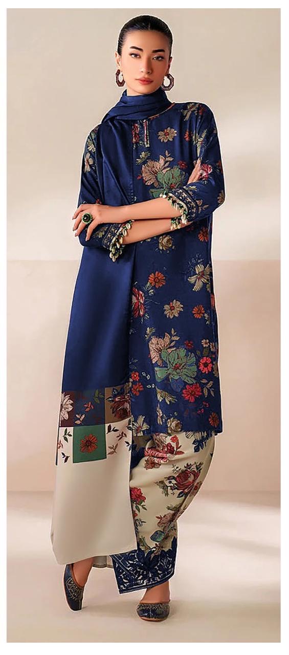 Luxury Navy Blue Flowers Embroidered Lawn 3PCS Suit