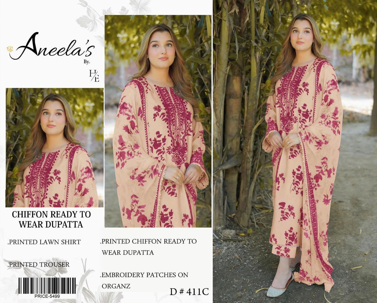 Luxury Biege & Maroon Embroidered Lawn 3PCS Suit