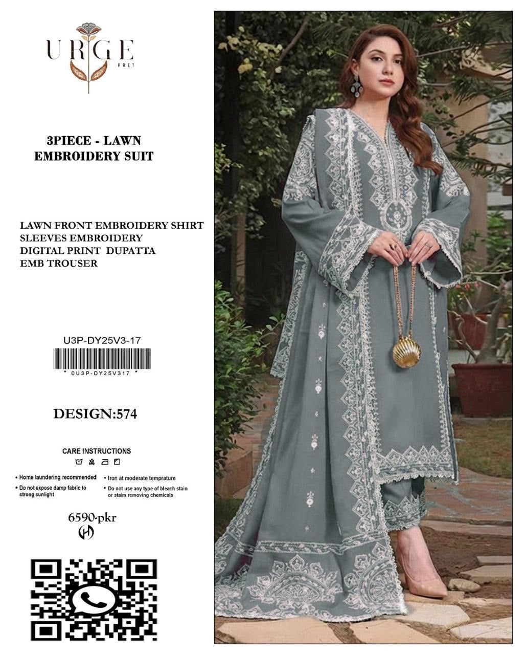 Embroidered Grey & White Lawn 3PCS Suit